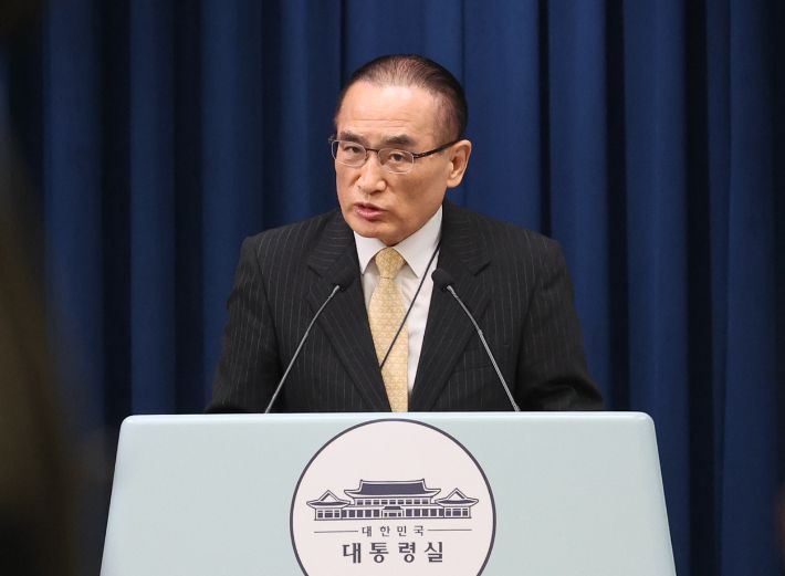 미국에서 귀국한 위성락 국가안보실장이 9일 용산 대통령실에서 방미 결과에 관해 브리핑하고 있다. 연합뉴스