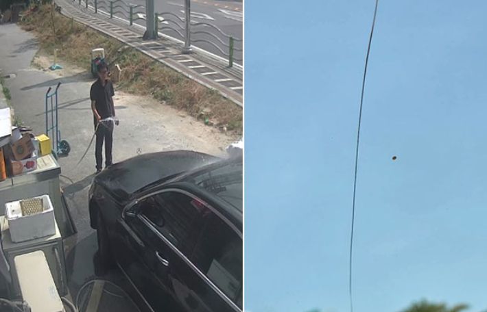 폭염에 차를 식히려고 수돗물을 뿌리는 박모씨의 모습(왼쪽)과 세로로 길게 금이 간 앞 유리창.  박씨 제공