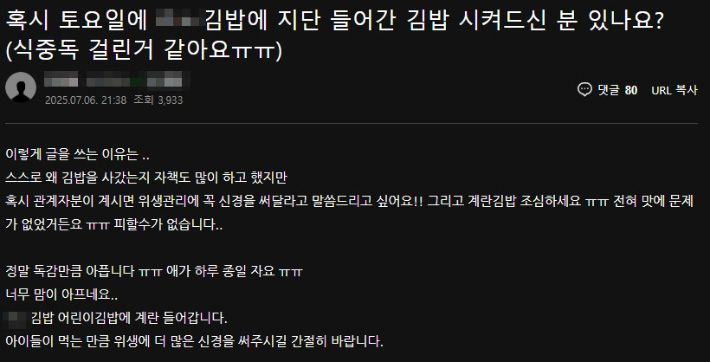 해당 가게 김밥을 먹고 고열, 복통, 구토, 설사 등 증상을 겪었다는 글 일부 발췌. 네이버 카페 캡처