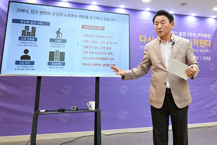 김동근 시장이 15일 시청 회룡홀에서 민선 8기 3주년 기자회견을 진행하고 있다. 의정부시 제공