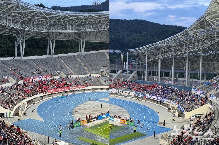 한국과 일본의 동아시안컵 최종 3차전이 열린 15일 용인미르스타디움 관중석, 왼쪽부터 한국-일본 응원석. 김조휘 기자