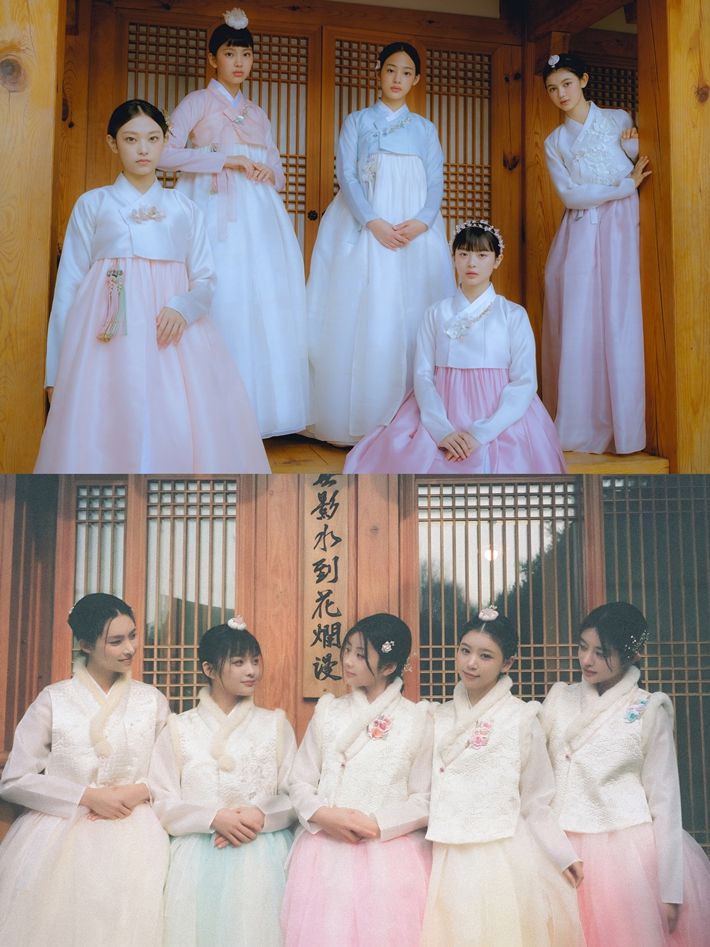 뉴진스와 아일릿은 모두 소속사 주도로 한복 화보를 찍었다. 위가 뉴진스, 아래가 아일릿. 어도어/빌리프랩 제공