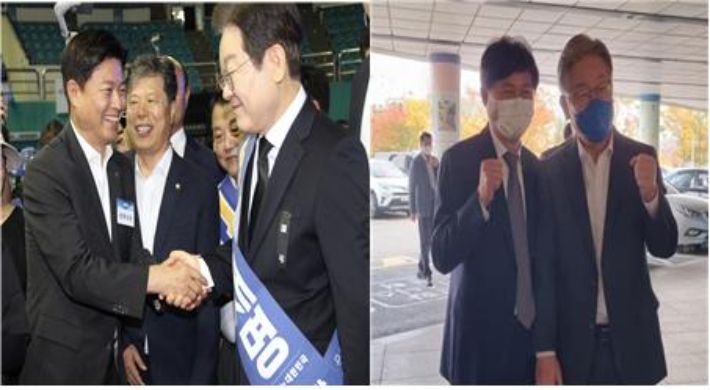 지난해 8월 부천체육관(왼쪽 사진)에서 열린 민주당 경기 전당대회에서 이재명 당시 당대표 후보와 조용익 부천시장이 인사를 나누고 있다. 오른쪽 사진은 지난 2021년 두 사람이 함께하고 있는 모습. 조 시장 측 제공