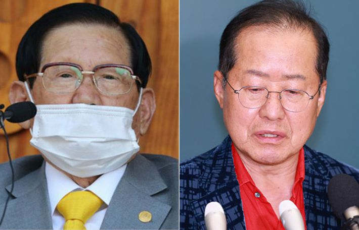신천지 교주 이만희씨(왼쪽)와 홍준표 전 대구시장. 연합뉴스