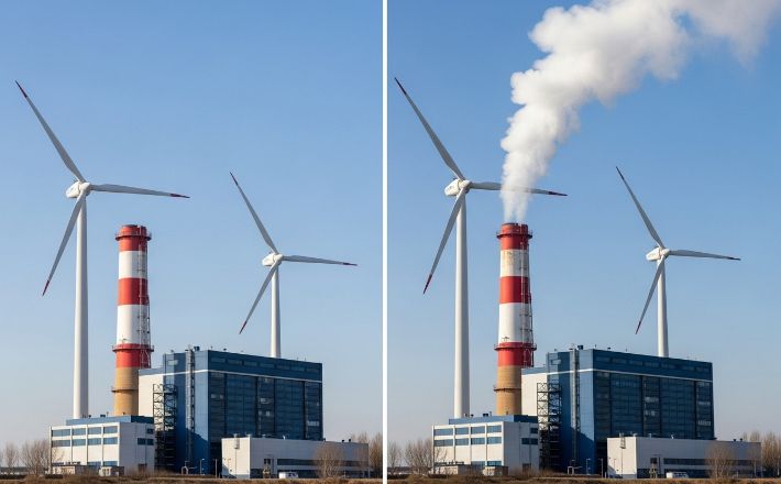 풍력 발전량이 부족할 때 자체 발전을 가동하는 데이터센터의 모습. 구글 AI 스튜디오 캡처