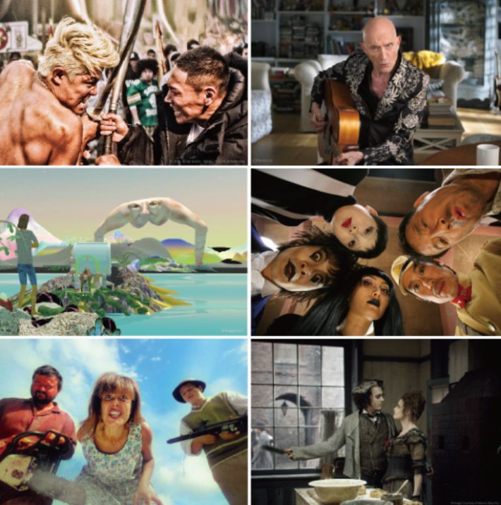 특별전 '뮤직 호러 픽쳐쇼' 상영작 스틸컷. (왼쪽 위부터 시계방향) '도쿄 트라이브' '록키 호러 픽쳐쇼: 기이한 여행' '삼거리 극장' '스위니 토드: 어느 잔혹한 이발사 이야기' '전기톱이 부릅니다' '하모니'. 제천국제음악영화제 제공