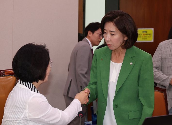 2일 서울 여의도 국회에서 열린 법제사법위원회 전체회의에서 국민의힘 나경원 의원이 추미애 위원장과 인사하고 있다. 연합뉴스