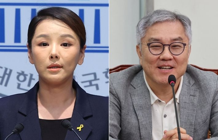 왼쪽부터 4일 탈당을 선언한 강미정 조국혁신당 대변인과 최강욱 더불어민주당 교육연수원장. 연합뉴스