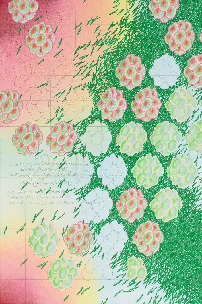 조주현, '마인드스케이프 Mindscape-11022025 (미완성을 향하는 일)', 장지에 채색, 60 x 40cm(2025). 페이토 갤러리 제공