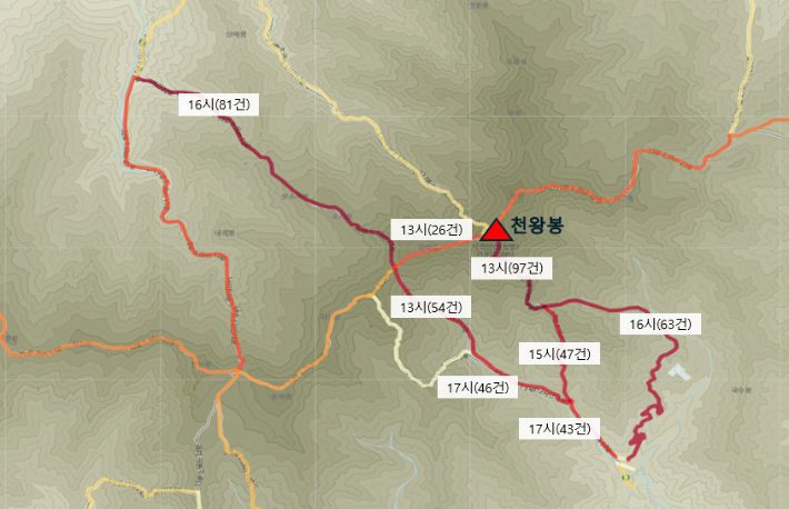지리산 등산로 출동 건수와 평균 신고 시간. 경남소방 제공