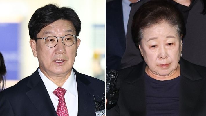 권성동 의원(왼쪽)과 통일교 한학자 총재. 연합뉴스