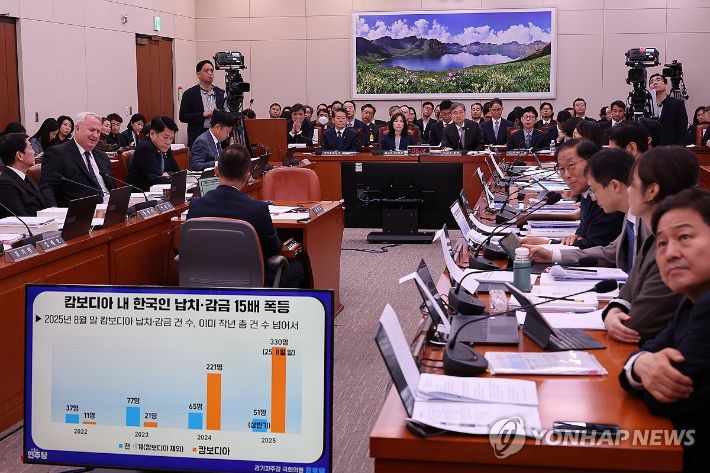 (서울=연합뉴스) 박동주 기자 = 조현 외교부 장관이 13일 서울 여의도 국회에서 열린 외교통일위원회 국정감사에서 캄보디아 내 한국인 범죄 피해와 관련해 더불어민주당 윤후덕 의원의 질의를 받고 있다. 2025.10.13 pdj6635@yna.co.kr 연합뉴스