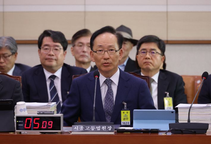 김대웅 서울고등법원 법원장이 20일 서울 여의도 국회에서 열린 2025년도 법제사법위원회 국정감사에 기관 증인으로 출석해 의원 질의에 답하고 있다. 연합뉴스