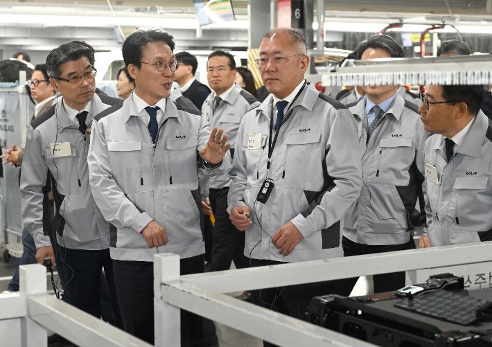 사진은 지난 14일 경기도 화성시 우정읍 기아오토랜드 화성에서 열린 기아 화성 EVO 플랜트 East 준공ㆍWest 기공 기념행사에 참석한 김민석 국무총리, 정의선 현대자동차그룹 회장, 송호성 기아 사장. 현대차·기아 제공