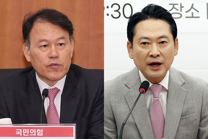 국민의힘 윤한홍 의원(왼쪽), 장동혁 대표. 윤창원 기자·연합뉴스