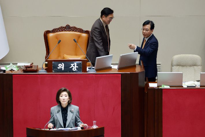 9일 국회 본회의에서 국민의힘 나경원 의원이 가맹사업거래의 공정화에 관한 법률 일부개정법률안에 대해 무제한 토론을 하는 가운데 나 의원의 토론 범위, 무선 마이크 사용 등으로 우원식 국회의장이 마이크를 끄도록 조치하자 국민의힘 송언석 원내대표가 이에 대해 항의하고 있다. 연합뉴스