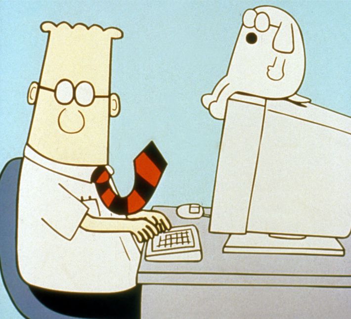 딜버트와 도그버트. 1989년에 처음 출판된 만화 '딜버트'는 화이트칼라 기업 문화를 풍자하며 큰 인기를 모았다. SNS 갈무리