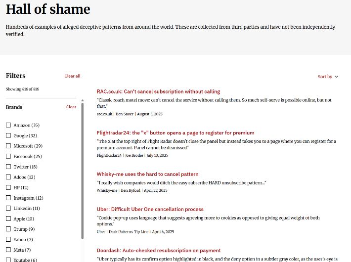 브리그널 박사는 '다크패턴'을 사용하는 기업들의 목록을 자신의 홈페이지에 공개하는 등 활동을 이어가고 있다. deceptive.design 캡처