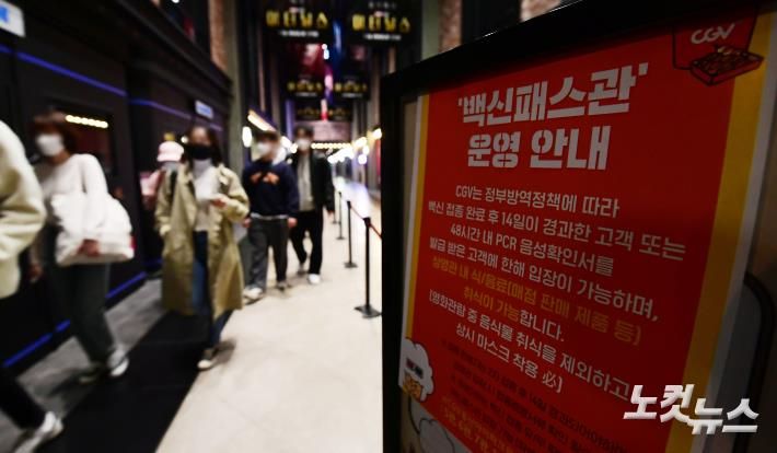 코로나19 단계적 일상회복(위드 코로나) 첫날인 지난 2021년 11월 1일 서울 시내 한 영화관에 백신 2차 접종까지 모두 마치고 14일이 경과한 고객만 입장할 수 있는 상영관인 '백신패스관' 안내문이 부착돼 있다. 황진환 기자