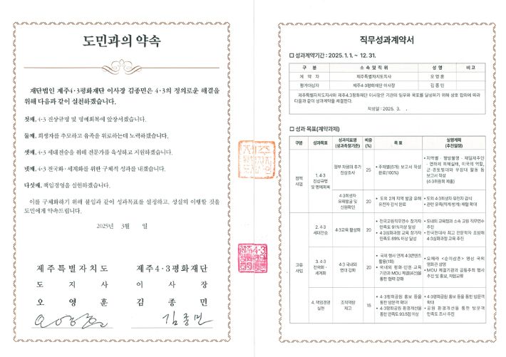 재단 이사장 직무성과계약서. 4·3평화재단 홈페이지 캡처