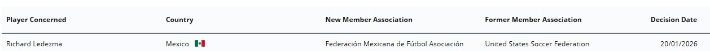 미국에서 멕시코로 소속 국가협회가 변경된 레데스마. FIFA 국가협회 변경 플랫폼 캡처