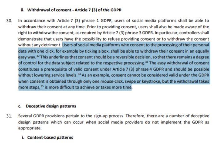 동의 철회가 제공만큼 쉬워야 한다는 원칙 등이 담겨있다. EDPD 가이드라인 캡처