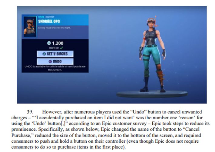 FTC가 불법적인 다크패턴의 예시로 제공한 포트나이트 게임 화면. 혼란스러운 버튼 배치로 사용자들이 의도치 않게 구매하도록 유도했다. FTC 자료 캡처