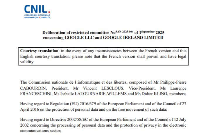 2025년 9월 프랑스 개인정보보호위원회(CNIL)의 구글 심의 결과 보고서 캡처