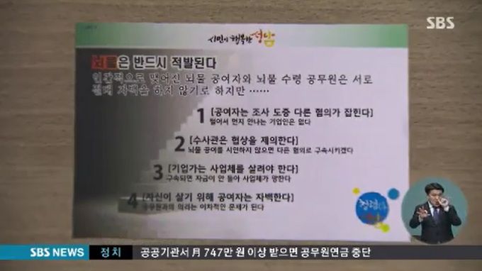 2015년 12월 SBS가 보도한 성남시청 내에 붙은 ‘뇌물 금지’ 스티커. SBS 영상 캡처