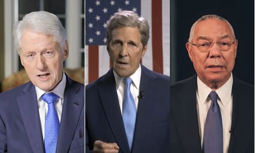 지지선언 18일(현지시간) 빌 클린턴 전 미국 대통령(왼쪽부터), 존 케리 전 국무장관, 공화당 인사인 콜린 파월 전 국무장관이 화상으로 열린 민주당 전당대회에서 조 바이든 전 부통령을 지지하는 연설을 하고 있다. 민주당 제공, AP연합뉴스