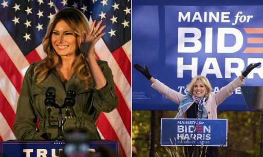 지원유세 나선 부인들 도널드 트럼프 미국 대통령의 부인 멜라니아 여사가 대선을 일주일 앞둔 27일(현지시간) 핵심 경합주인 펜실베이니아주 앳글런에서 남편을 위한 첫 단독유세를 하고 있다(왼쪽 사진). 오른쪽은 같은 날 민주당 대선후보 조 바이든의 부인 질 바이든 여사가 메인주 뱅고르에서 두 손을 치켜 들고 지원유세하는 모습. 앳글런·뱅고르=AFP·AP연합뉴스