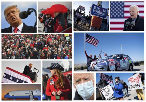 31일(현지시간) 트럼프 미국 대통령(왼쪽 상단)과 조 바이든 민주당 대선후보(오른쪽 상단)가 30~31일 위스콘신, 펜실베이니아, 델라웨어, 아이오와 등에서 각각 막판 유세전에 총력을 기울이고 있다. AFP연합뉴스
