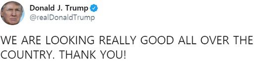 도널드 트럼프 대통령의 트윗. 승리를 장담하며 유권자들에게 고마움을 표시했다. 트위터 캡처