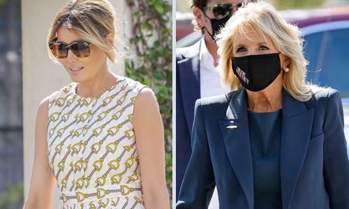 노마스크와 마스크 도널드 트럼프 대통령 부인 멜라니아 여사(왼쪽)가 3일(현지시간) 플로리다주 팜비치에서 투표를 끝낸 뒤 마스크를 쓰지 않은 채 걸어 나오고 있다. 반면 조 바이든 민주당 후보의 부인 질 여사는 마스크를 쓴 상태에서 플로리다주 세인트피터즈버그에서 투표를 마쳤다. 팜비치·세인트피터즈버그=AFP·AP연합뉴스