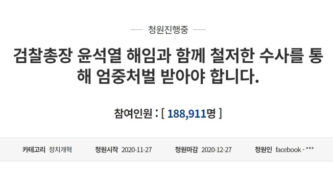 지난달 27일 게재된 ‘검찰총장 윤석열 해임과 함께 철저한 수사를 통해 엄중 처벌 받아야 합니다’라는 제목의 청원. 청와대 국민청원 게시판