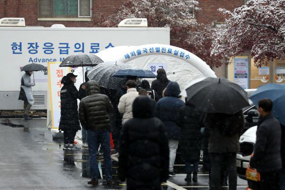13일 서울 중구 국립중앙의료원의 해외출국선별진료실 접수처에서 시민들과 외국인들이 대기하고 있다. 뉴시스