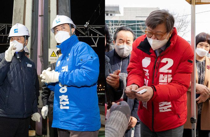 김영춘·박형준 민생현장 방문 더불어민주당 김영춘 부산시장 후보가 7일 부산 금정구 노포동 부산교통공사 차량사업소를 찾아 현장을 살펴보고 있다(왼쪽 사진). 국민의힘 박형준 후보도 같은 날 부산 금정구 노포동 ‘오시게 5일장’에서 상인들과 인사를 나누고 있다. 연합뉴스