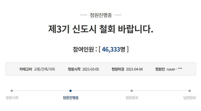 한국토지주택공사(LH) 직원들의 ‘광명·시흥신도시 땅 사전투기 의혹’과 관련해 “3기 신도시 지정 철회”를 요구하는 청와대 국민청원 캡처.