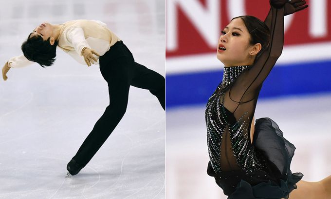 차준환이 28일 스웨덴 스톡홀름에서 열린 2021 ISU 피겨스케이팅 세계선수권대회 남자 싱글 프리스케이팅에서 연기를 펼치고 있다.오른쪽 사진은 이해인이 지난 27일 여자 싱글 프리스케이팅에서 연기하는 모습. 스톡홀름=AP연합뉴스