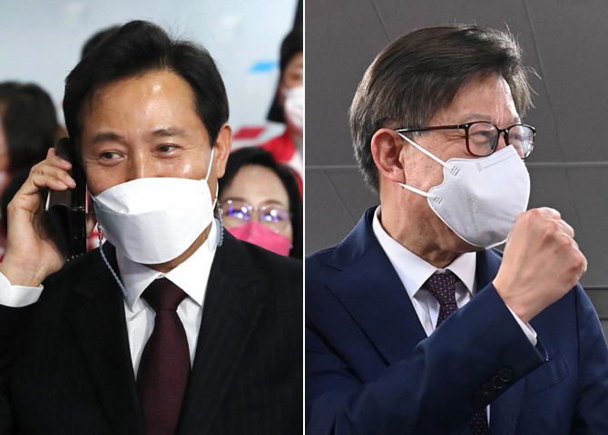 오세훈 국민의힘 서울시장 후보(왼쪽)와 박형준 부산시장 후보. 연합뉴스