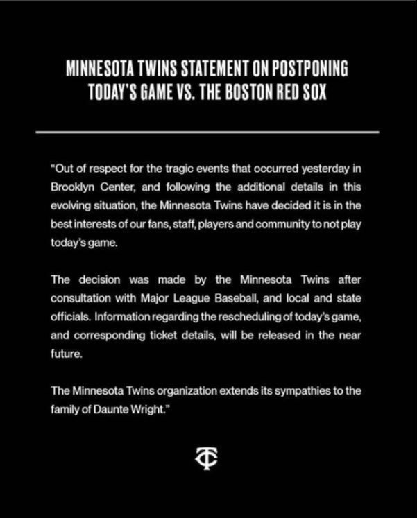MLB 미네소타 트윈스가 13일 보스턴과의 경기를 취소한다는 공지문. 미네소타 트윈스 인스타그램 캡처