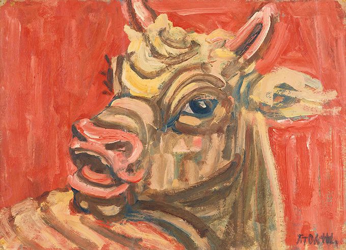 국립현대미술관에 28일 기증된 이중섭의 ‘황소’. 강렬한 붉은색 배경에 황소가 고개를 틀고 울부짖는 듯한 순간을 그린 명작이다. 삼성 제공