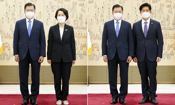 문재인 대통령이 14일 청와대에서 임혜숙 과학기술정보통신부 장관에게 임명장을 수여하고 기념사진을 촬영하고 있는 모습(왼쪽)과 노형욱 국토교통부장관에게 임명장을 수여하고 기념사진을 촬영하고 있는 모습. 연합뉴스