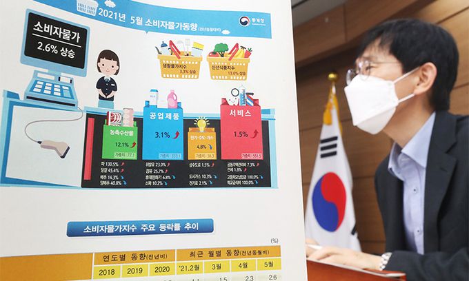 어운선 통계청 경제동향통계심의관이 지난 2일 세종시 정부세종청사에서 2021년 5월 소비자물가 동향을 발표하고 있다. 연합뉴스