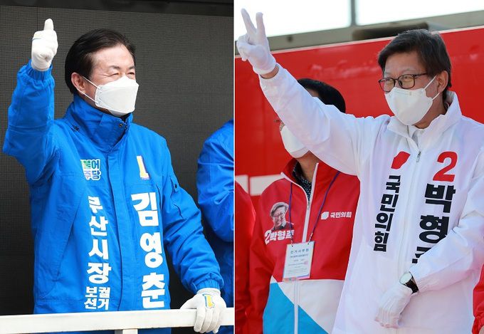 4·7 재·보궐선거 유세 중인 당시 김영춘 더불어민주당 부산시장 후보(왼쪽)와 박형준 국민의힘 부산시장 후보. 연합뉴스