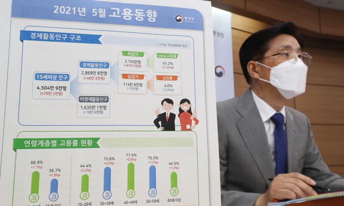 정동명 통계청 사회통계국장 9일 세종시 정부세종청사에서 2021년 5월 고용동향 브리핑을 하고 있다. 연합뉴스