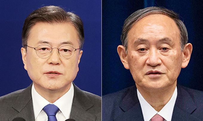 문재인 대통령(왼쪽), 스가 일본 총리. 세계일보 자료사진