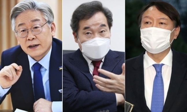 왼쪽부터 이재명 경기지사, 이낙연 더불어민주당 전 대표, 윤석열 전 검찰총장. 뉴시스
