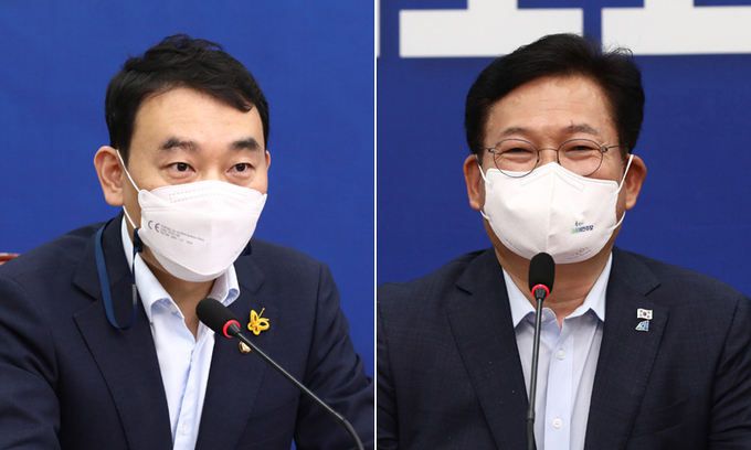 김용민 더불어민주당 최고위원(왼쪽)과 송영길 대표