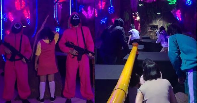 인도네시아 수도 자카르타에 있는 '오징어 게임' 컨셉의 카페에서 손님들이 '무궁화 꽃이 피었습니다' 게임을 하고 있다. 스트로베리 카페 사회관계망서비스(SNS) 갈무리